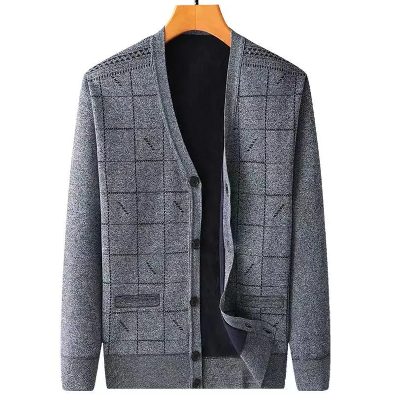 Men's Plaid Printing Cardigan Autumn Winter New Long Sleeve Button V Neck Loose Knitting Sweaters Vintage Casual Men Clothing