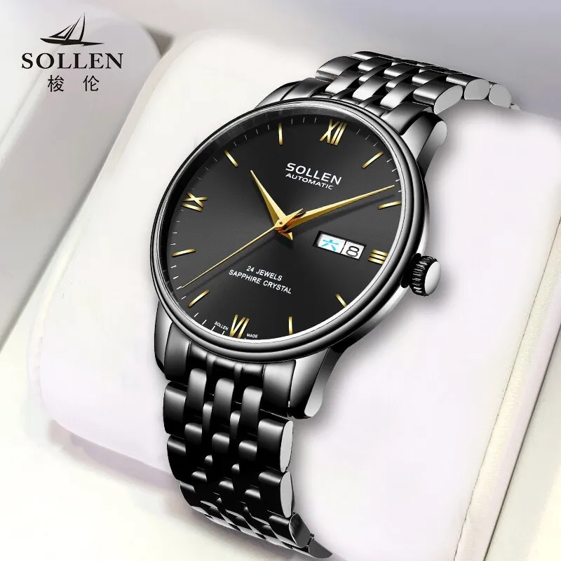 

SOLLEN Luxury Brand Mechanical Watches Black Classic Stainless Steel Strap Luminous Waterproof Fashion Men Watch Reloj Hombre