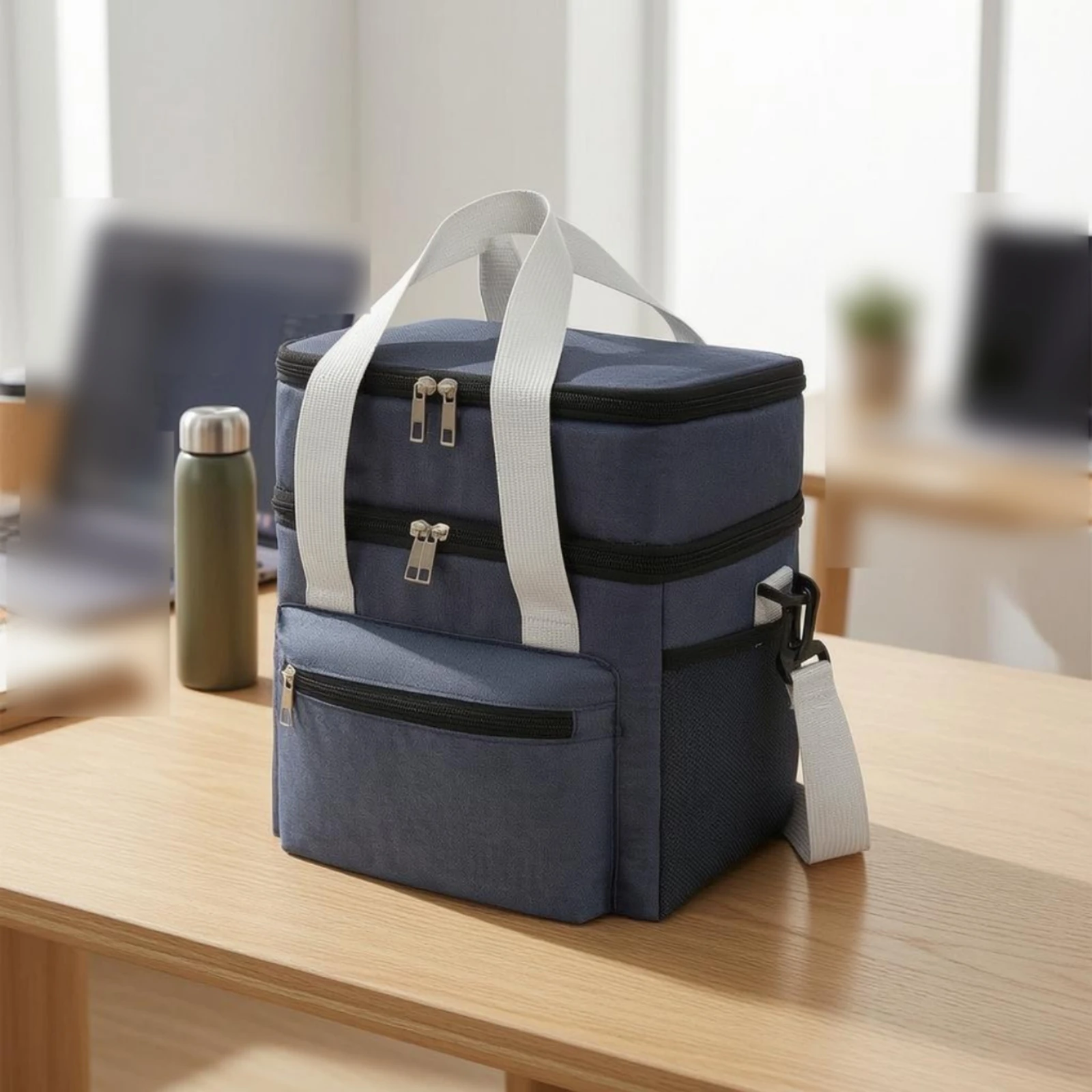 Insulated Lunch Bag Detachable Shoulder Strap Double-Layer Lunch Bag Food Carrier Side Mesh Pockets Lightweight