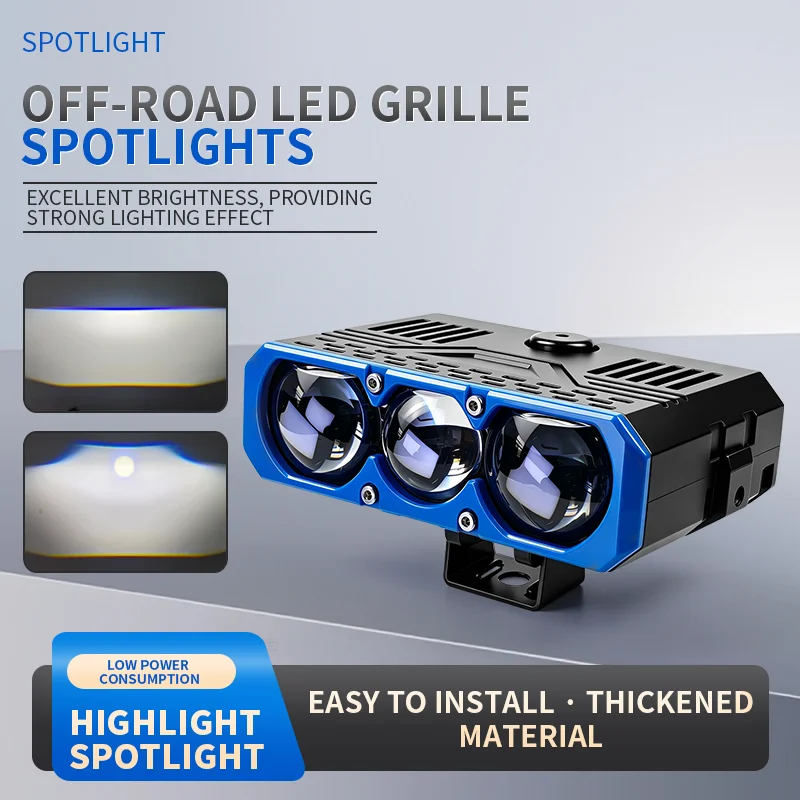 Three-lens LED Spotlight 300W Electromagnetic Switching LED Headlight Universal Car and Motorcycle Grille Light Car Accessories