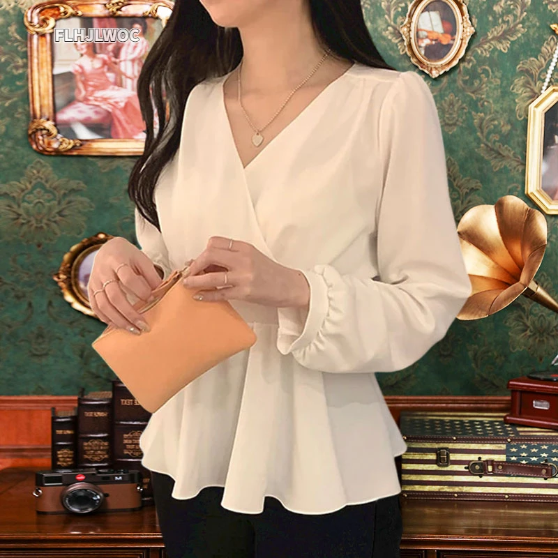 Korea Chic Tops Blusas Women Fashion FLHJLWOC Office Slim Elastic Waist Belly Peplum Top V Neck Solid White Shirt Pink Blouse