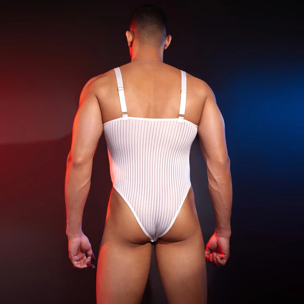 

Unisex Spaghetti Strap Stripe Bodysuit Tops Sexy Women Elastic Sheer See Through Leotard Open Crotch Tights Hollow Out Homewear