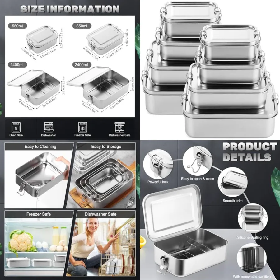 

Pcs Stainless Steel Food Containers 0/0/00/200 Metal Bento Lunch Box Stainless Steel Food Storage Containers, ockabe Cips to ea