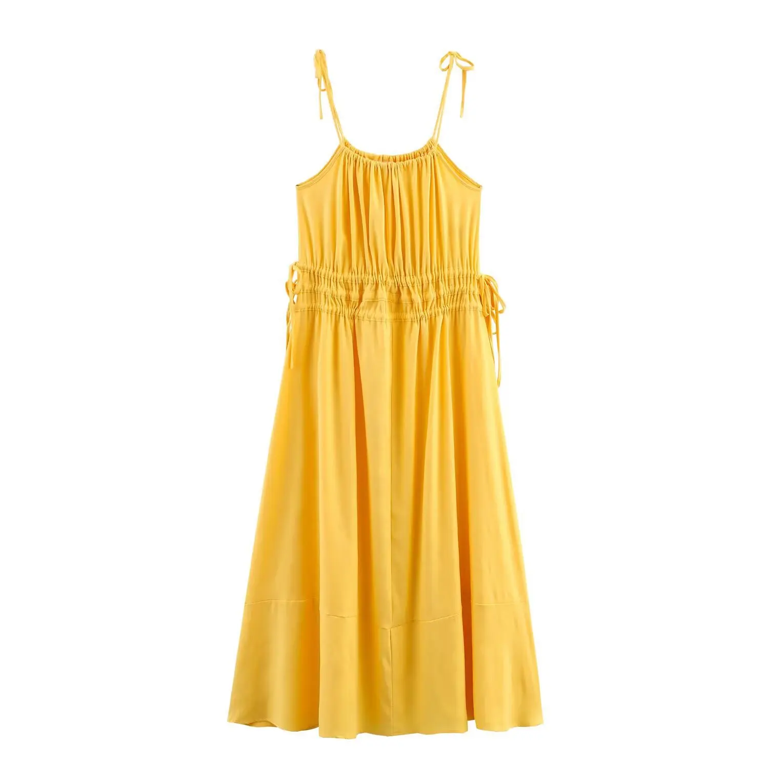 

2025 Summer Women's Suspender Dress Yellow Loose Adjustable Belt Casual Beach Long Dress Boho Maxi Vestidos