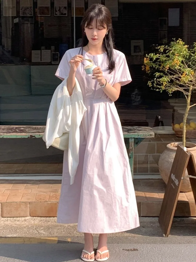 

Sweet Anti-Aging Pink ort Sve Dr Women's Summer New Sle Pleated Waist Cinching Slimming Long Dr