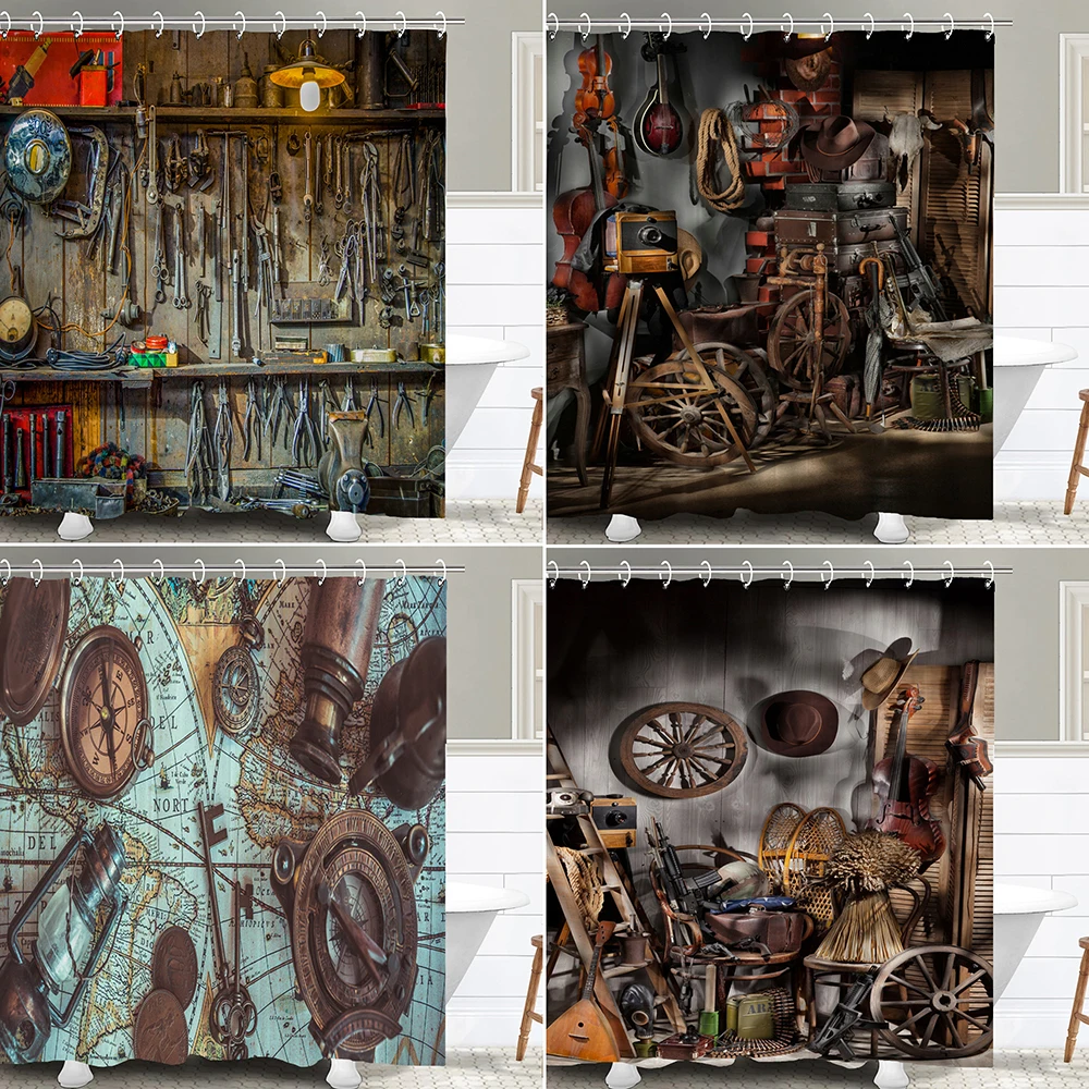 

Nostalgic and Retro Industrial style Shower Curtain Rustic style Bathroom Curtains Polyester Fabric Home Decor Curtain