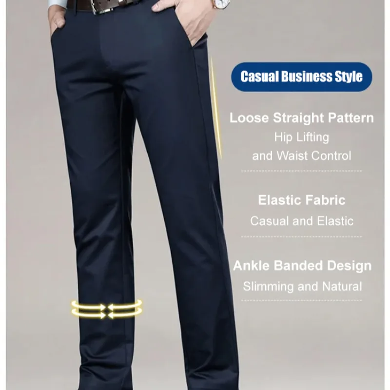 Men's High Waisted Thin Straight Leg Casual Pants Ironless and Wrinkle Resistant Business Suit Pants