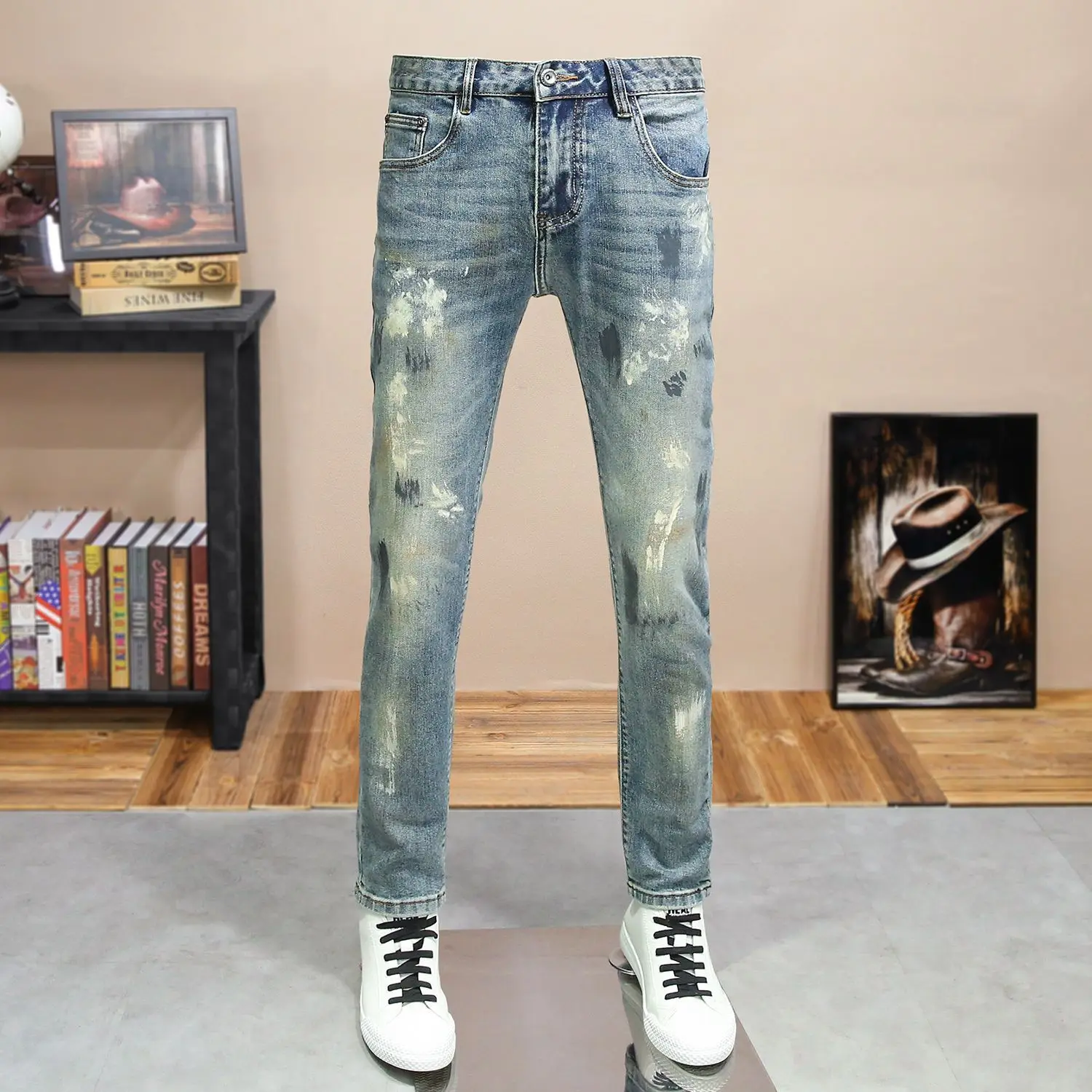 Small-footed Jeans 2025 New Men's Spring and Summer Trendy Brand Ink-splashing Trousers Slim and Thin Handsome Men Clothes Pants
