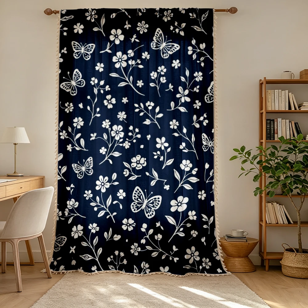 1PC Vintage Tassel Sheer Curtains, Navy White Floral, Digital Print, Polyester, Bedroom Living Room, Rod Pocket, Home Decor