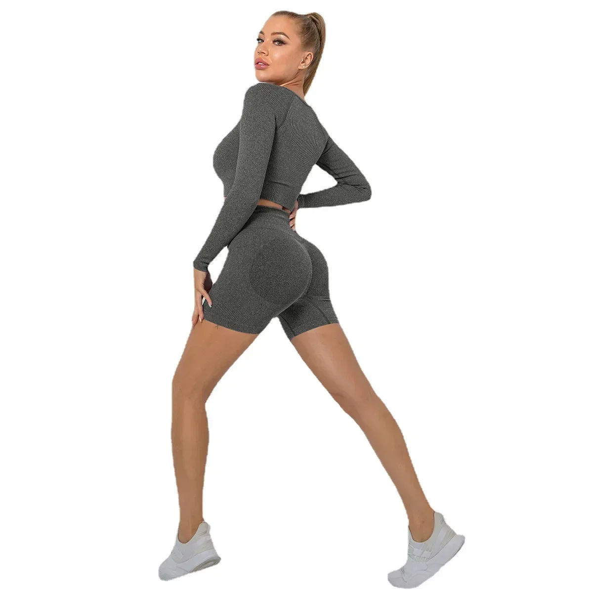 Fitness Suits Yoga Sport Gym Long Sleeve Top Shorts Sets Workout Clothes Active Wear Matching Sporty 2 Piece Sets Womens Outfits