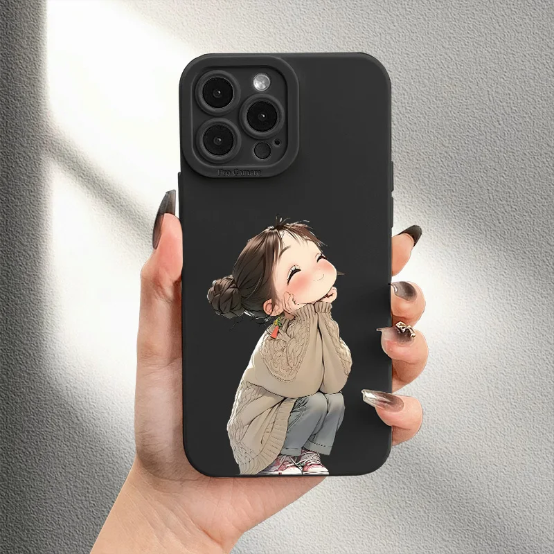 Modische Kreative Niedliche Mädchen-Muster Handyhülle für iPhone 16 15 14 12 13 11 Pro Max X XS XR 7 8 Plus Weiche TPU Matte Hülle Fundas – Detail 3