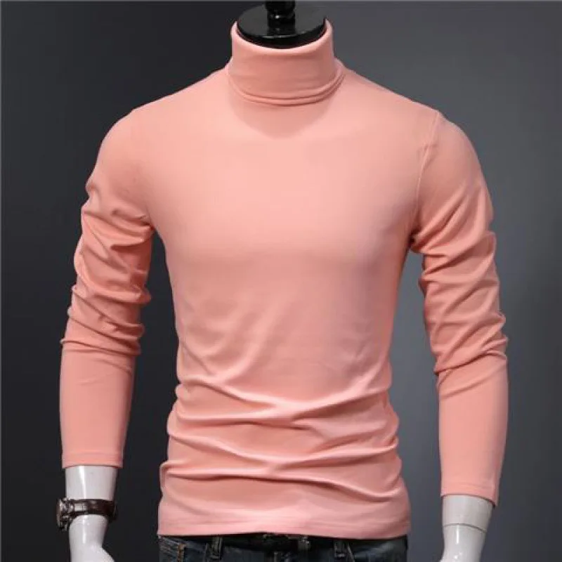 Men Slim Fit Turtleneck T Shirts Male Solid Color Long Sleeve T Shirts Autumn Spring Casual High Neck Tshirt Top Plus Size M-3XL