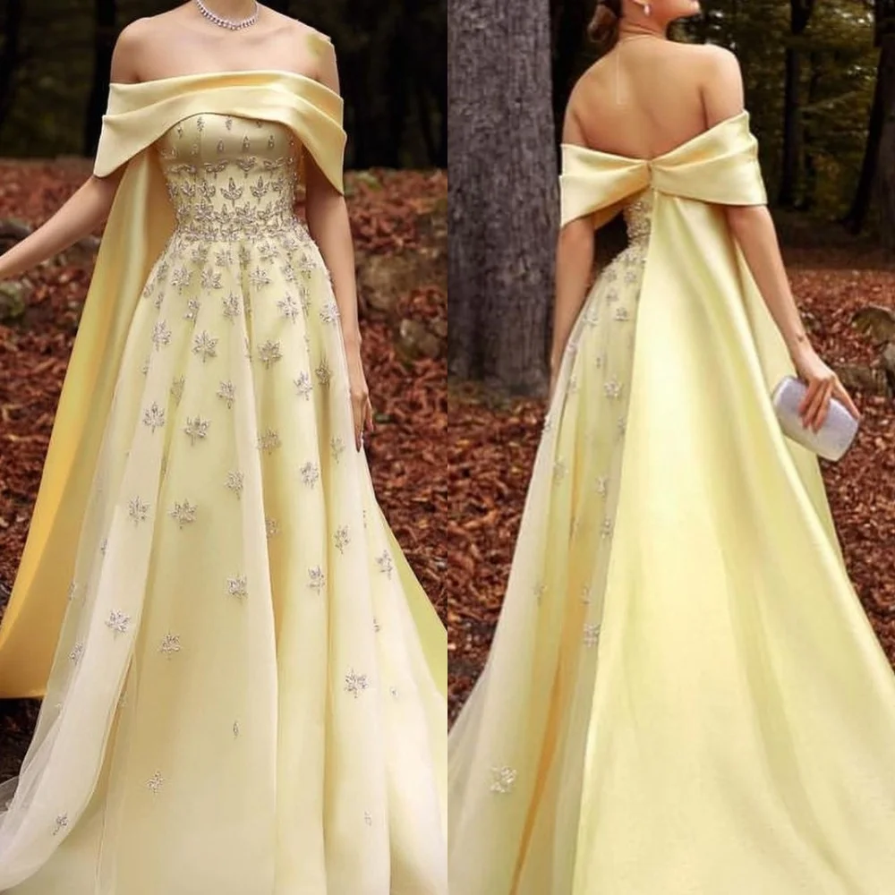 Jiayigong  Satin Sequined Ruched  A-line Off-the-shoulder Bespoke Occasion Gown Long Dresses Saudi Arabia Evening