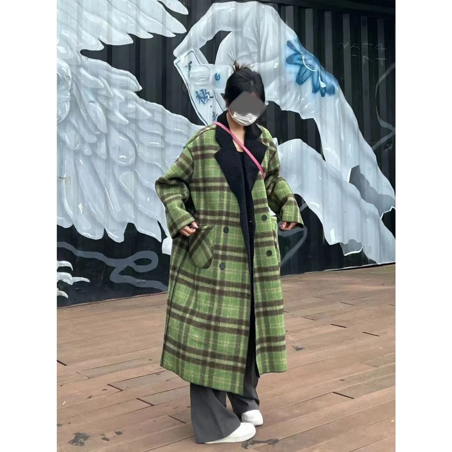 

Long Woolen Coat Korean Sle Double-Sided Wear Plaid Design Winter Women's Faion Retro Lapel Single Button Closure Coat