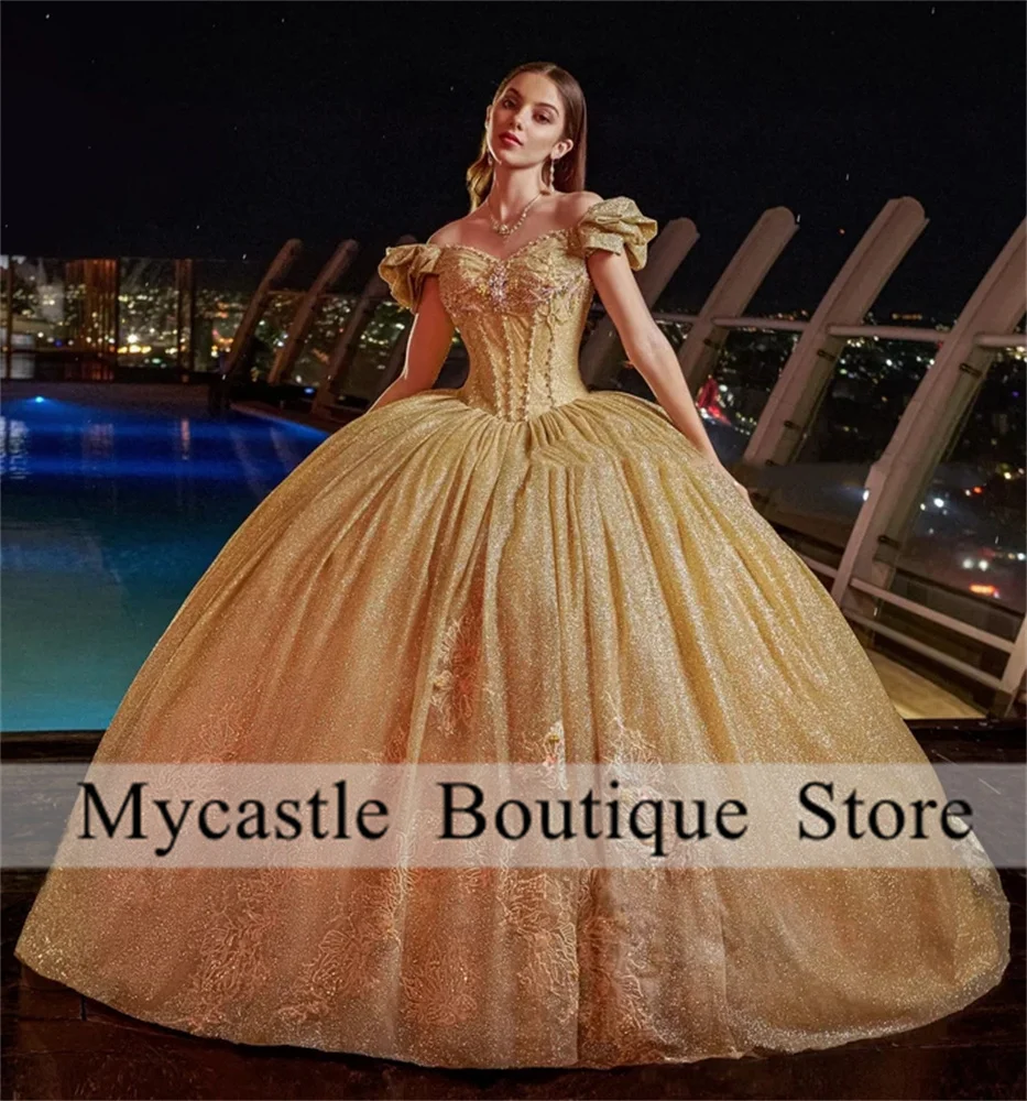 

Sparkly Gold Lace Quinceanera Dresses 2024 With Beaded Ball Gown Birthday Gown Applique Crystals Lace-Up Sweet 16 Dresses