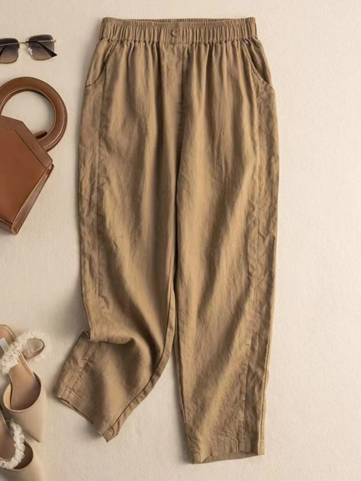 กางเกงฮาเร็มผ้าฝ้ายลินินทรงหลวมสไตล์เรโทร เอวสูง ความยาวเก้าส่วน สำหรับผู้หญิง ดีไซน์เรียบง่าย เหมาะกับฤดูร้อน เนื้อผ้าบางเบา