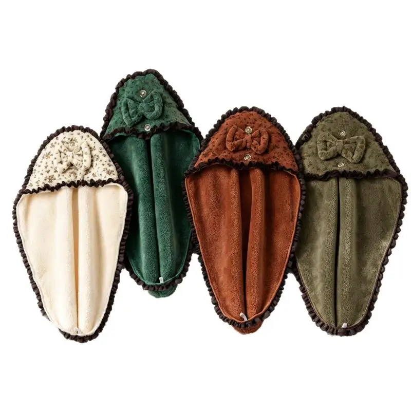Floral Bow Coral Fleece Hair Wrap Cap Super Absorbent Quick Dry Hair Towel 4 Colors For Bathroom Shower Daily Hair Care