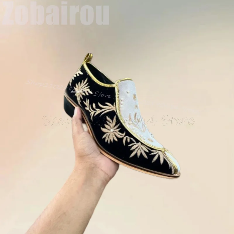 Mixed Color Foliage Embroidery Pointed Toe Loafers Fashion Slip On Men Shoes Luxury Handmade Party Feast Banquet Men Dress Shoes