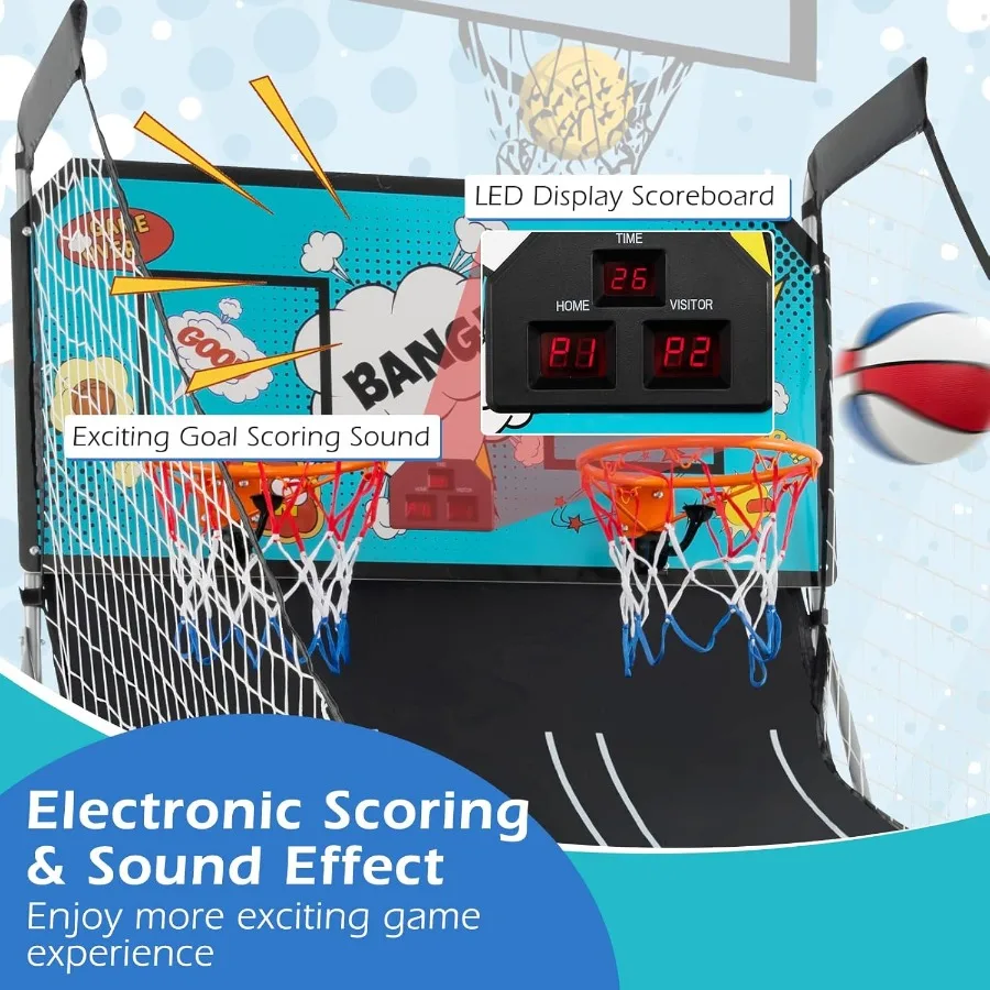 Cesta de basquete eletrônica dobrável com tiro duplo, jogo de arcada de basquete com placar LCD para uso interno e externo, características 8