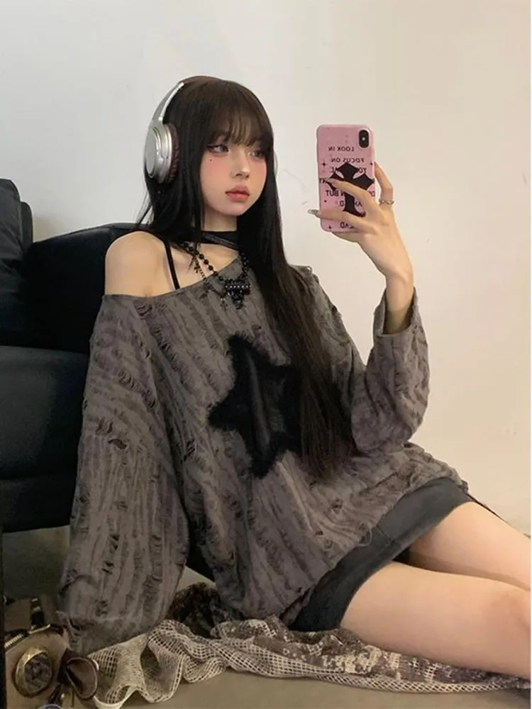 Hole Star Loose Y2K T Shirt Women O Neck Drawstring Long Sleeve Tees Fashion Streetwear Kpop Pullover Tops Female T-shirts