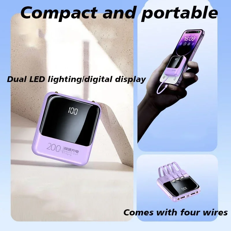 Comes with 4-wire power bank, 20000mAh, large capacity fast charging, flash charging, ultra-thin, suitable for mobile phones,