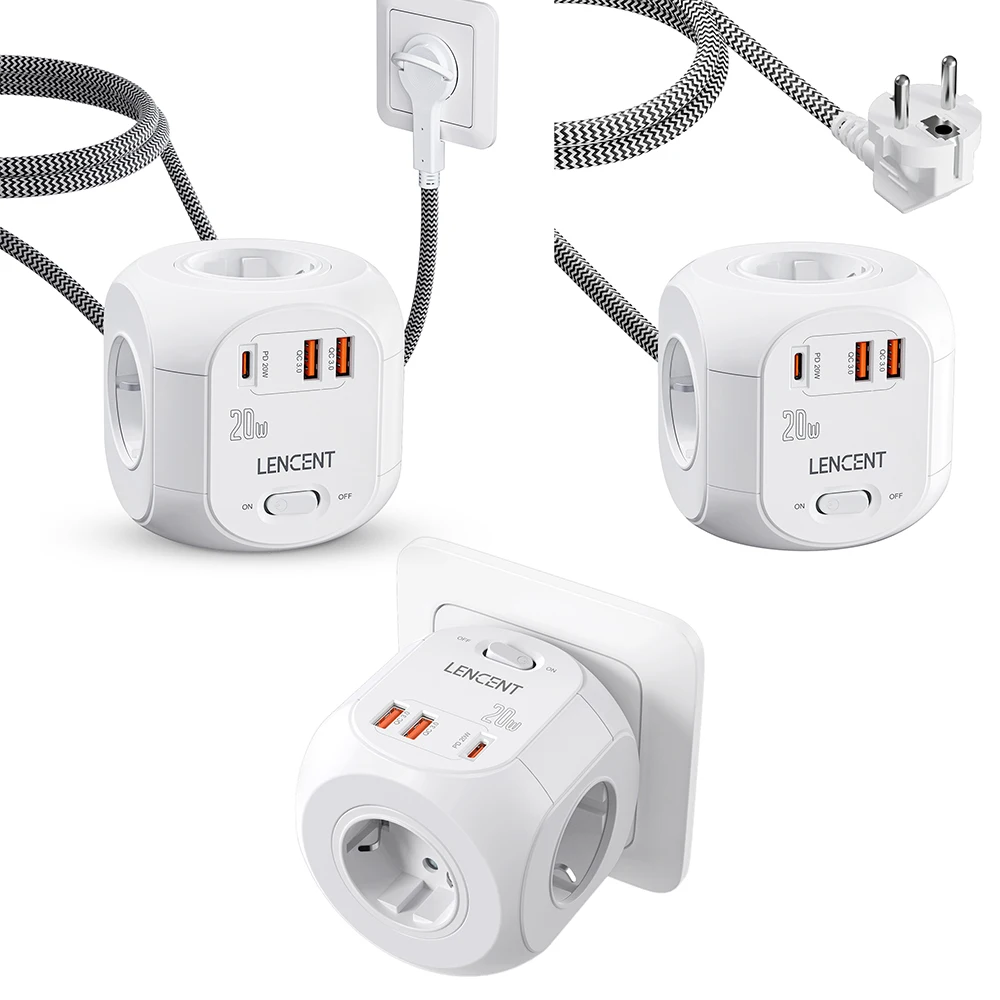 LENCENT Extension Socket with EU plug, Fast Charging Adapter, Power Strip