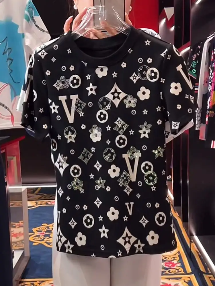 Luxo diamante geometria padrão retro t camisas de algodão branco verão manga curta camisetas topo alta rua moda feminina nicho roupas