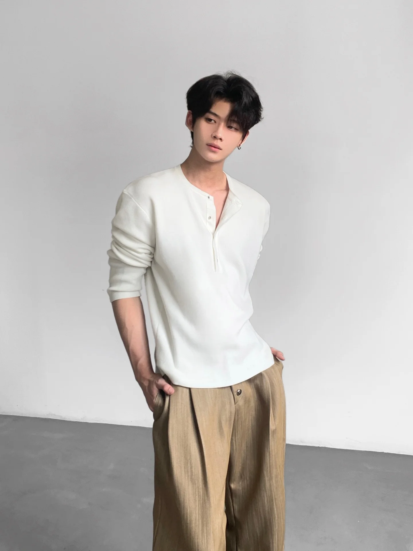 Ace High Intelligence Relaxing Henry Collar Wool T-Shirt Spring CleanFit Slim Pure Color Shoulder Level Top for Men