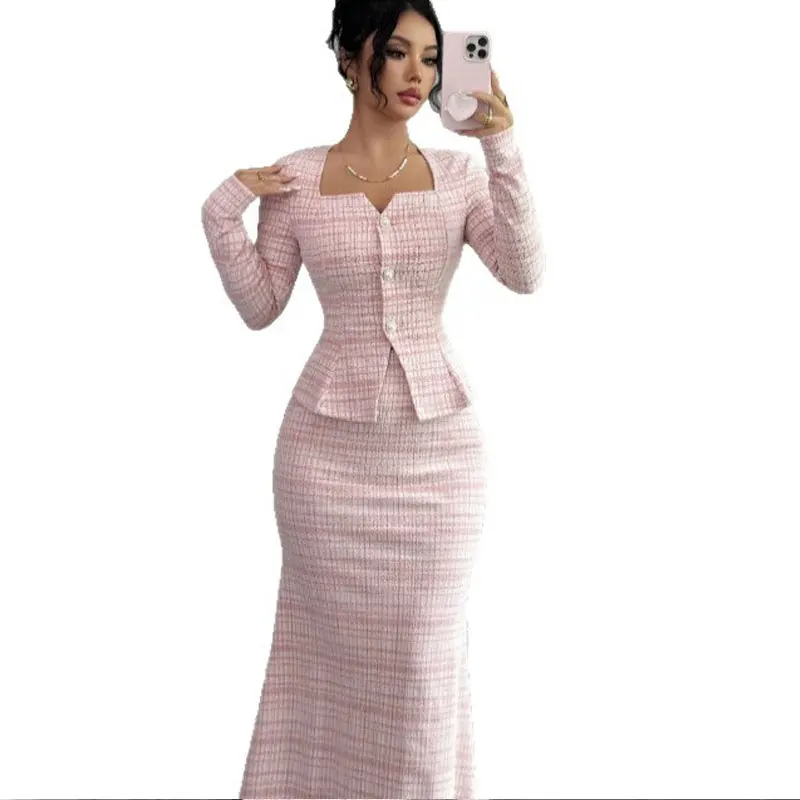 Women's plaid coarse woolen 2-piece set with lapel short jacket and skirt, new spring and autumn small fragrance style set