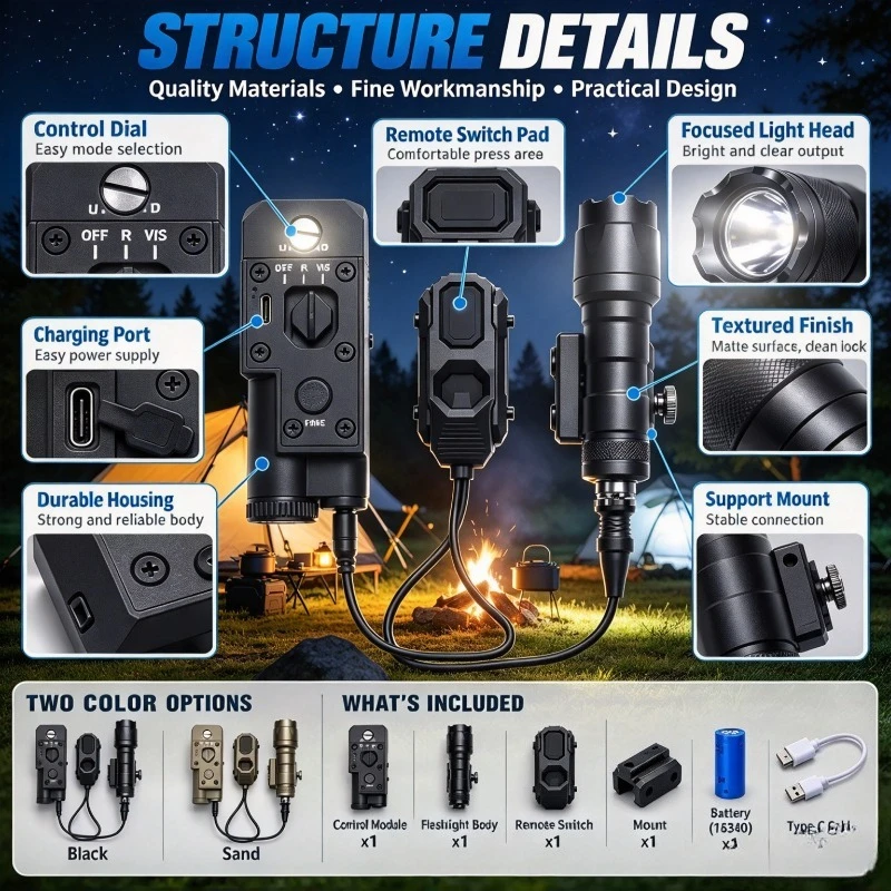 Green Red Dual Beam Lighting Set, Remote Pressure Switch, Bright Focus Illumination, Adjustable Mount, Outdoor Night Gear