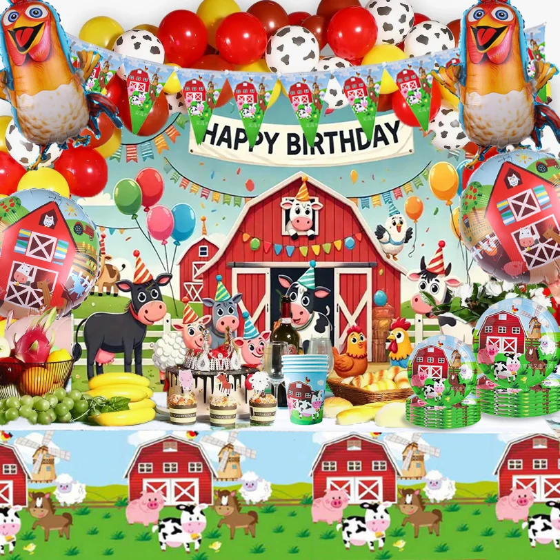 

Cartoon Farm Theme Birthday Party Decorations Cow And Barnyard Backdrop Animal Disposable Tableware Chicken Balloon Baby's Gifts