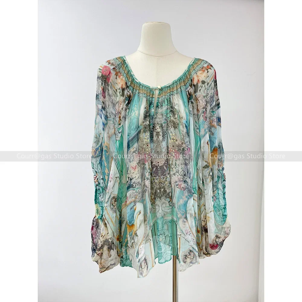 2024 Summer New Resort Style Silk Diamonds Mint Green Blouse Bat Sleeve Loose Top