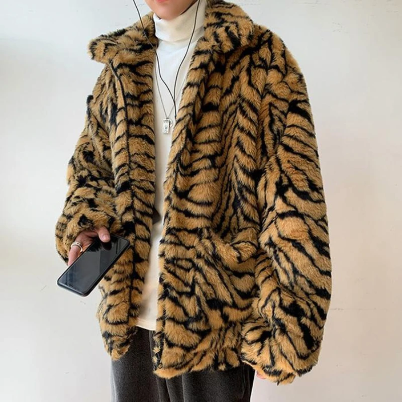 Streetwear Brand's Furry Leopard Print Winter Jacket with Hip-Hop Loose Fit - Ideal for Fashionable Couples  winter jacket men