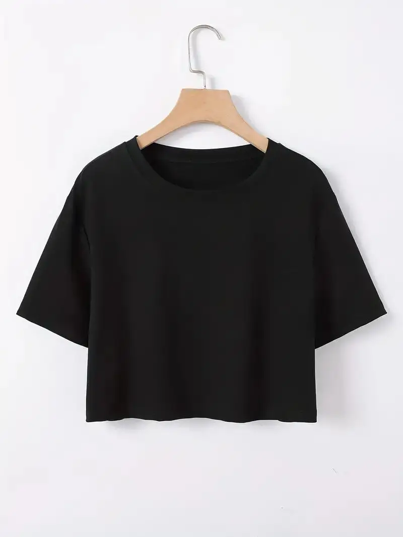 Men Women Short T-shirt Black White Solid Color Loose Street Short Sleeve Clothing Hip Hop Fashion Show Navel Exposed Clothing image 3