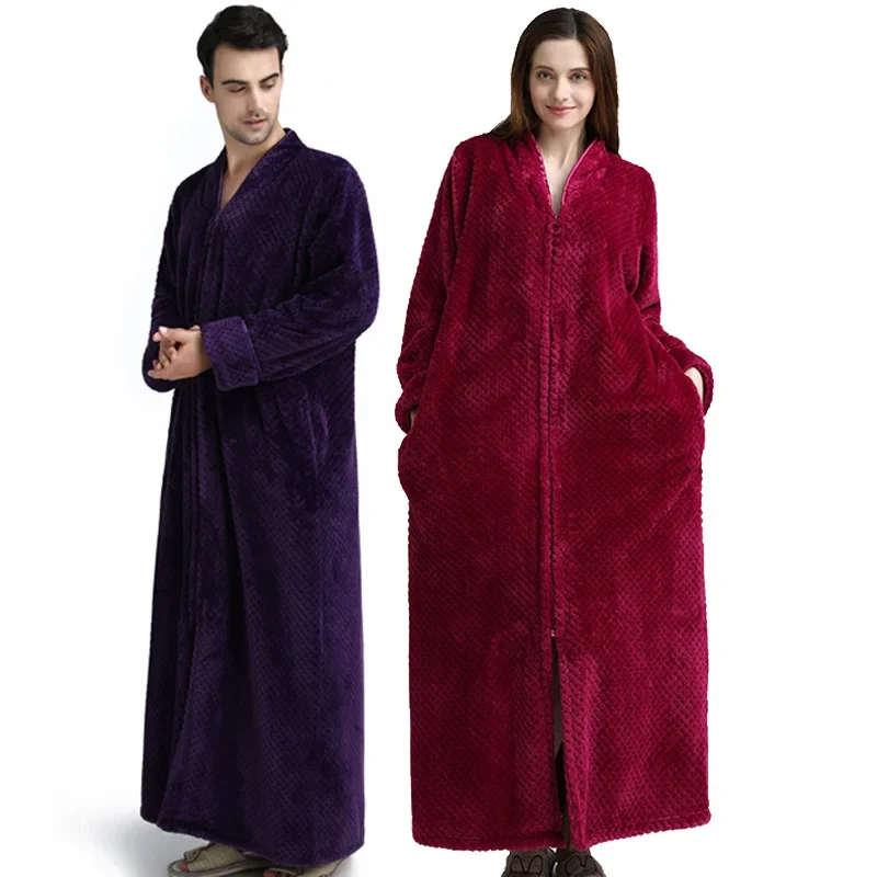 Men's and Women's Coral Velvet Bathrobe  Flannel New Zipper Robe  Romantic Purple Lovers Thickened Pajamas and Nightgowns