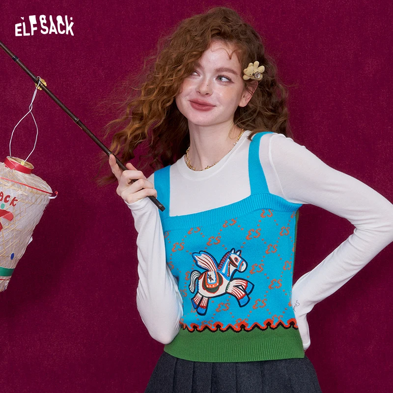 ELFSACK Women Knit Tank Top 2026 Autumn Winter Pony Velvet Patchwork Monogram Print Sweet Preppy Camisole