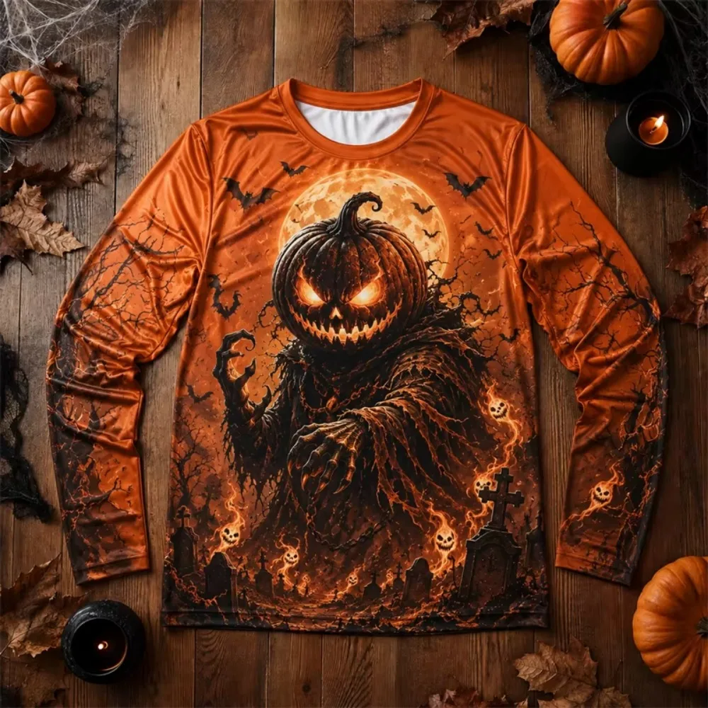 T-shirt à manches longues pour hommes, imprimé 3D d'Halloween, motif de citrouille, de monstre et de chauve-souris, haut décontracté à imprimé graphique de chauve-souris et de lune, idéal pour les fêtes d'Halloween, les soirées et le quotidien.