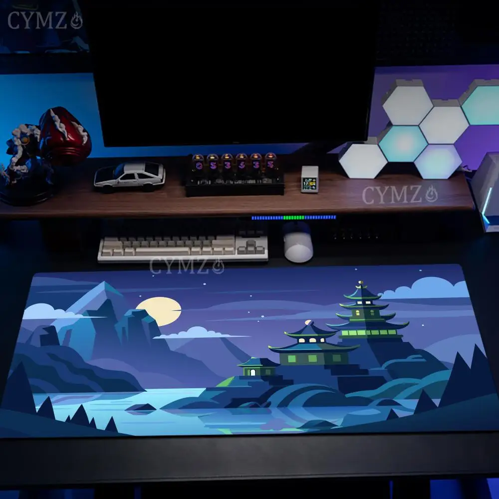 Ancient buildings and Full moon scenery large Mouse Pad Desk Mat Non-Slip Stitched Edge desk accessories Mouse carpet office rug