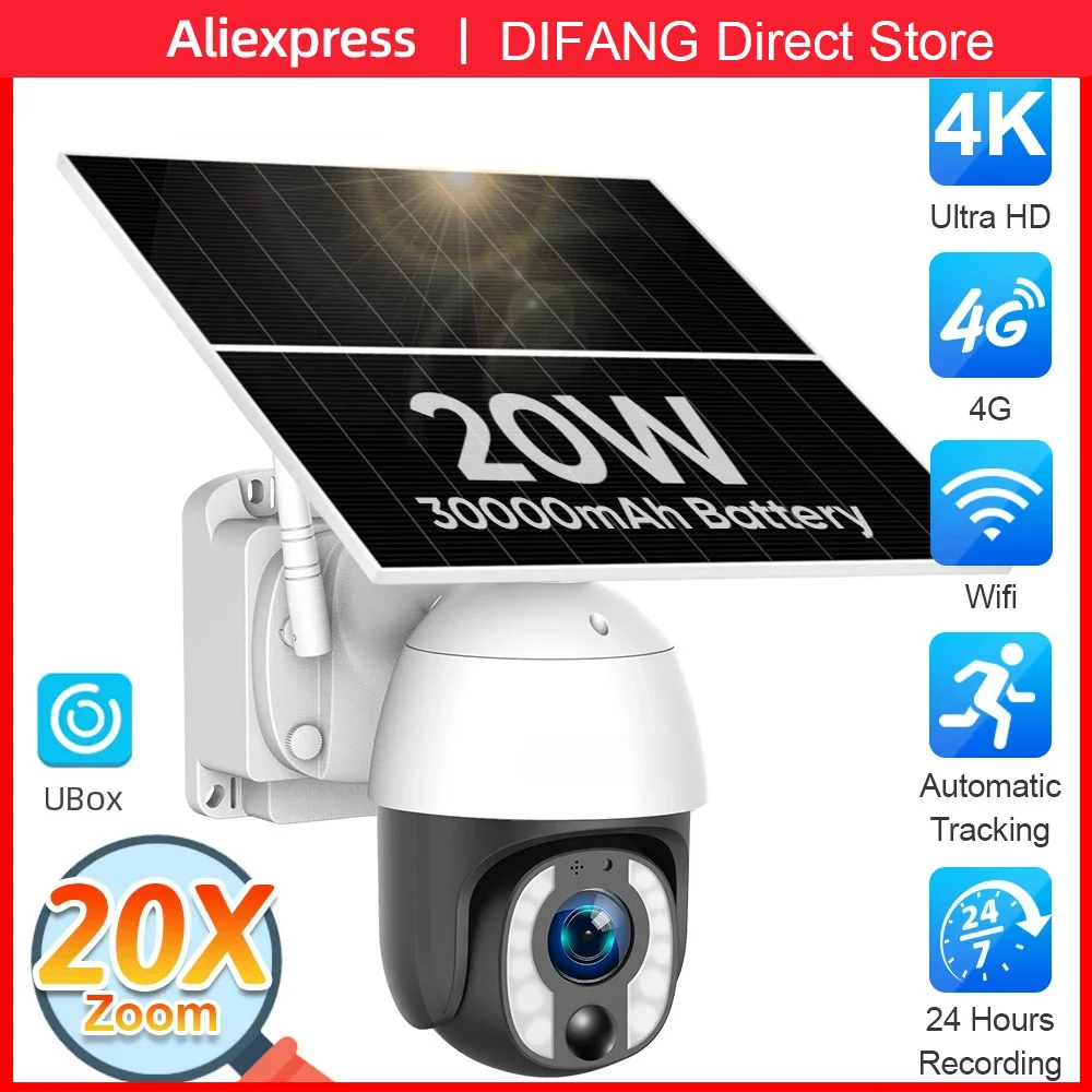 DIFANG-Caméra de surveillance solaire IP WiFi 8MP/20W, dispositif de sécurité sans fil, 4K, avec n'aime optique 20X, suivi automatique statique 24 heures sur 24, batterie 30000mAh