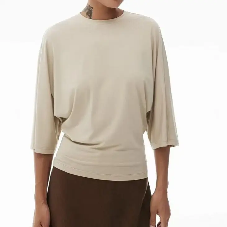 Hourglass Waist T-shirt Women Round Neck Solid Color Relaxed Waist Cinching Versatile Top Soft Fashion Short Sleeve