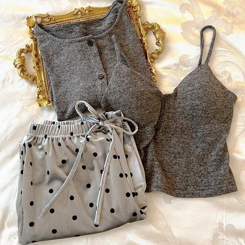 

Pijama Feminina New Chest Pad Sexy Sleepwear Pajama Sets For Women Fashion Dot Long Sleeve Sling Shirt Three Pieces Suit