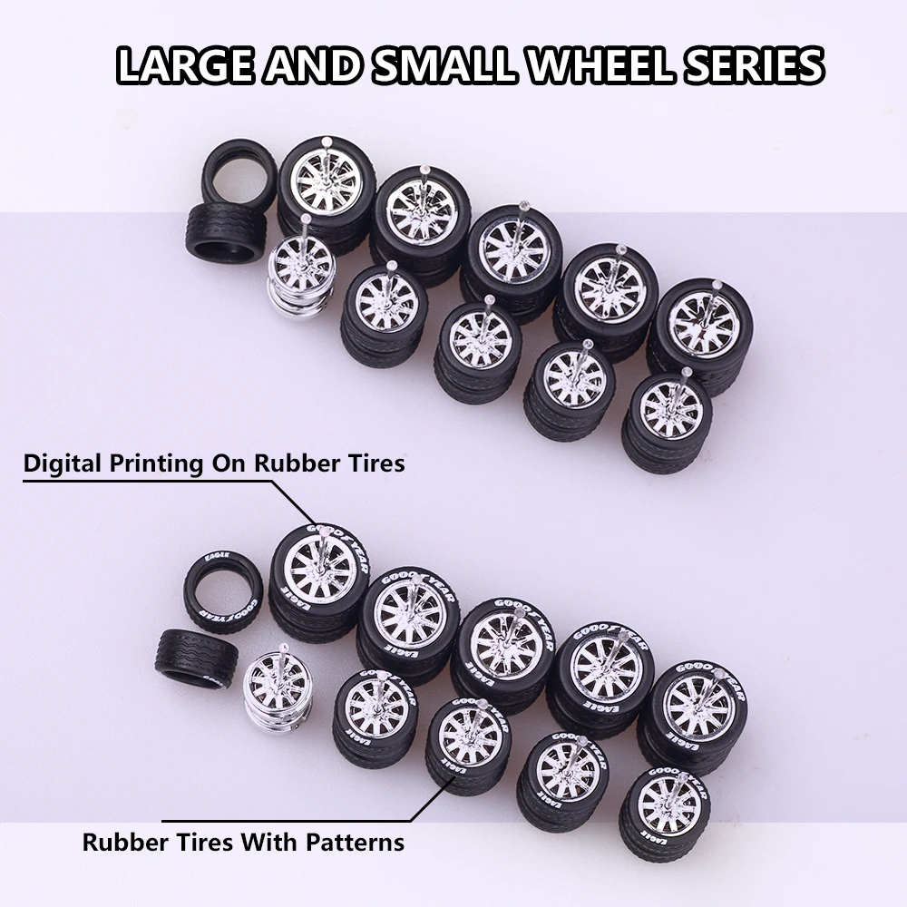 5Sets 1/64 Car Wheel With Rubber Tires Staggered Front Small Rear Large Wheel For 1:64 Matchbox/Domeka/HW/ Model Car Off-road