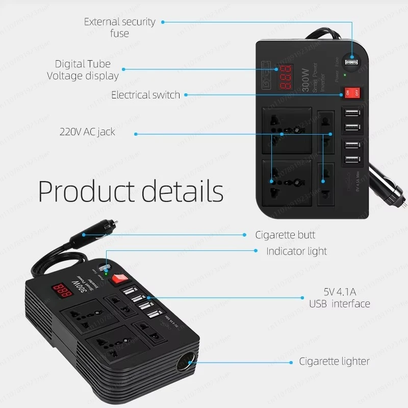 300W High Power Car Inverter with Digital Display, DC 12V to AC 220V Modified Sine Wave Efficient Charger