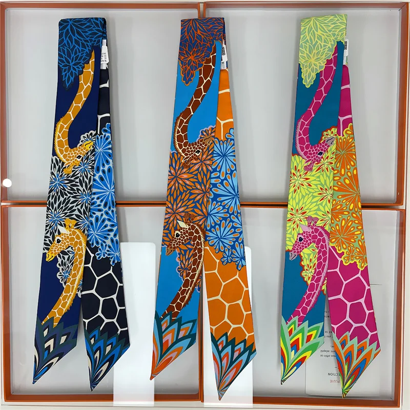 POBING Animals Print 18m/m Twill Silk Scarves Women Luxury Brand Scarf Bag Ribbons Tie Head Scarf Small Long Skinny Scarf 86*5CM