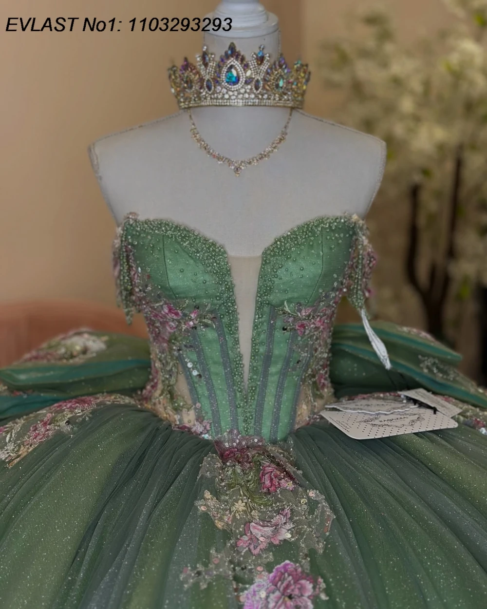 EVLAST Customized Princess Sage Green Quinceanera Dress Ball Gown Lace Applique Beading Bow Sweet 16 Vestidos De 15 Anos E1QN405 image 4