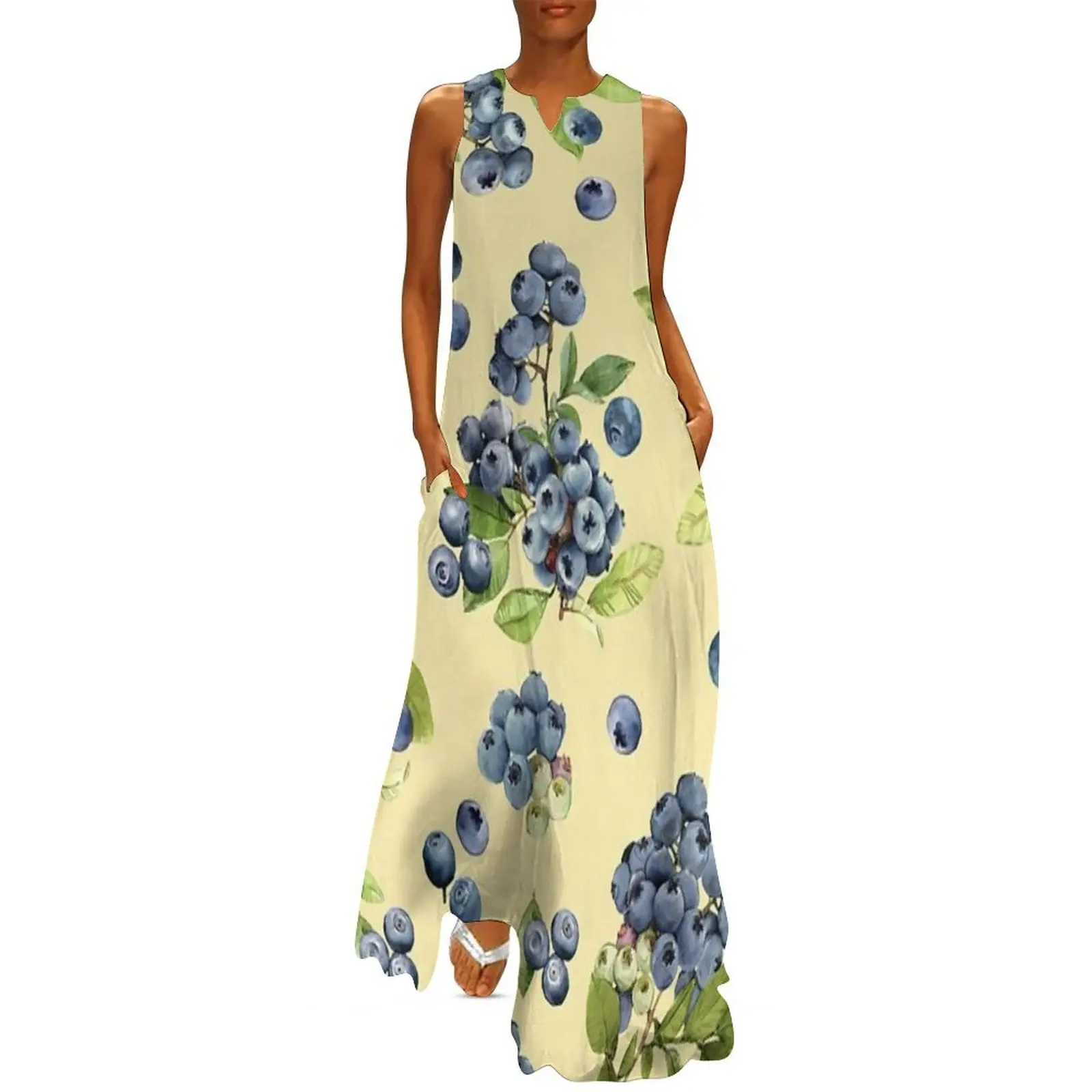

Watercolor blueberry on yellow Long Dress women party dresses dresses summer Aesthetic clothing