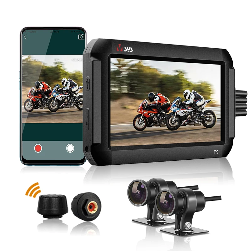 Dual Camera Front & Rear Motorcycle DVR F9D with TPMS SONY Starvis 4.0\'\' HD Screen Waterproof Dash Cam