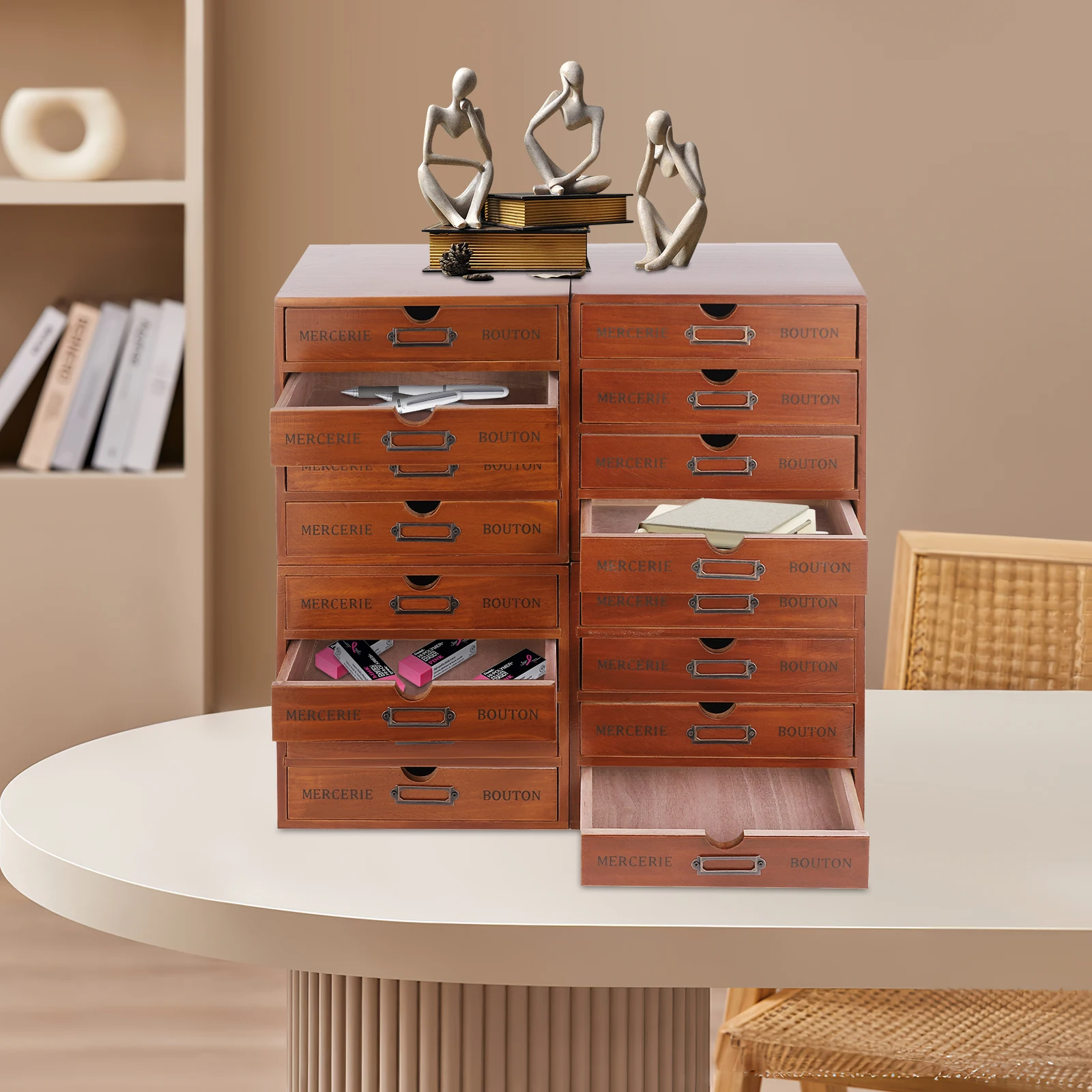 

4 Pcs 16-Drawer Pine Wood Vintage Aged Desktop Storage Cabinet for Living Rooms, Bedrooms, Study Rooms, Offices, Dormitories