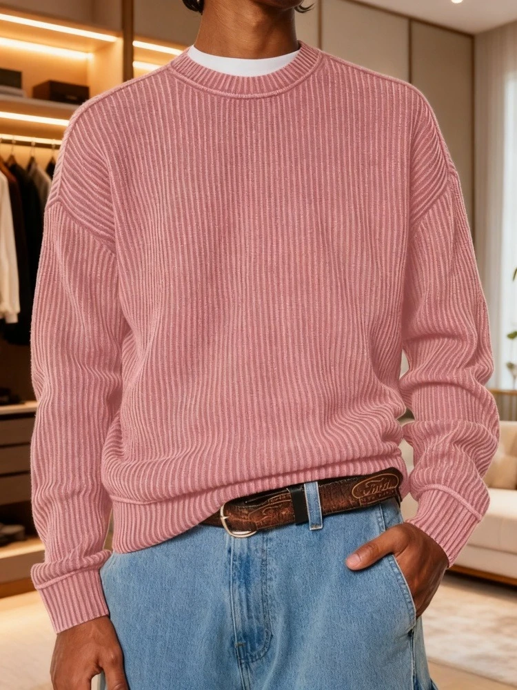 

2025 Autumn Crew Neck Solid Color Pullover Sweaters for Men Casual Y2K Knitted Sweater High Street Fashion Jumpers Hombre