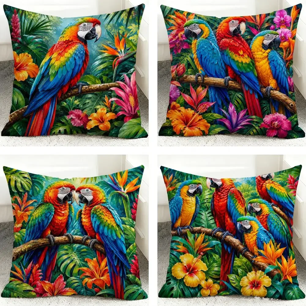 Tropical Parrot Colorful Jungle Floral Boho Cushion Cover Square Decorative Sofa Cushion Cover Bedroom Living Room Home Decor